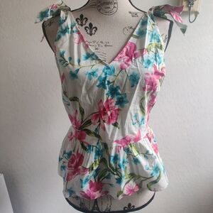 🆕 Nine West Multicolor V-Neck Sleeveless floral boho vaca Blouse Tie straps_Sma